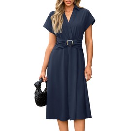 Newshows Work Drsses for Women 2025 Navy Blue Business Casual Teacher Outfits Button Down Shirt Summer Funeral Pocket Fall Modest Dresses Elegant Classy Office Attire(Navy,M)