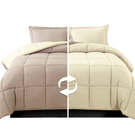 Elegant Comfort 3-Piece Reversible Comforter Set, All Season Cozy, Soft Down Alternative, Quilted - Box Stitched - Duvet Insert with 4 Corner Tabs, Comforter with Shams, Queen, Linen/Ivory