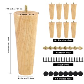 Ruisita 8 Pieces Furniture Couch Legs 6 Inch Round Solid Wood Sofa Legs Natural Wooden Couch Legs Replacement Legs for Armchair, Cabinet, Chair, Footstool, Mid Century Modern Dresser, Natural Wood