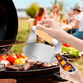 Stainless Steel Burger Press 5.5 Inch - Burger Smasher Non-Stick Grill Smasher for BBQ, Flat Top Griddle Grill Cooking with Anti-Scald Wooden Handle & Bottle Opener