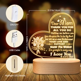 Mother's Day Gifts for Mom, Mom's Birthday Gifts 3D Night Light- I Love You MOM, Creative 3D Light Decor Mom Gifts for Christmas, Mother's Day, Birthday, Thanksgiving