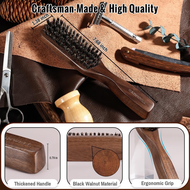 Mens Hair Brush Beard Comb Set, Slick Back Boar Bristle