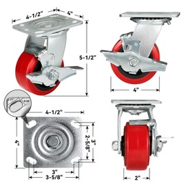 HANDSAMMU 4 Inch Caster Wheels, Heavy Duty Caster- 600 Lbs Per Casters, Polyurethane Tread on Polypropylene Core, Widely Used in Platform Trucks, Furniture, WorkBrench, Tool Box（1 Pack Brake）