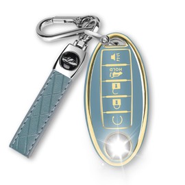 MILD EAST 5 Button Key Fob Cover for Altima Armada Maxima Murano Pathfinder Rogue Infiniti, Soft TPU Key Case Shell with Leather Keychain Full Key Protector, Blue