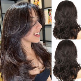 Mayouda Long Layered Wigs for Women Natural Wavy Layered Cut Hair Wig, Synthetic Hair Replacement Wig (Dark Brown)