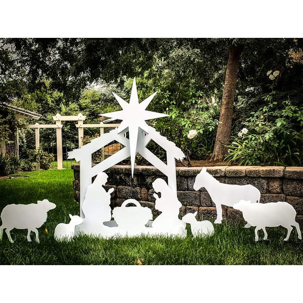 Note Card Cafe Large Outdoor Nativity Scene Yard Display Set | Front Lawn Sign Manger Christmas Decorations | 46"x 34"x 15" | Includes Additional 5 Characters and Stakes