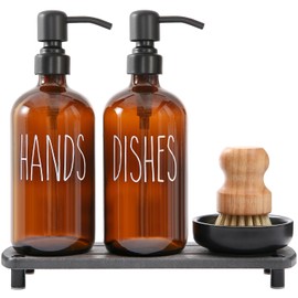MOMEEMO Amber Glass Soap Dispenser Set Comes with Stainless Steel Pumps, Instant Dry Tray, and Dish Scrub Brush, Suitable for Soap Dispenser for Kitchen Sink. (Amber)