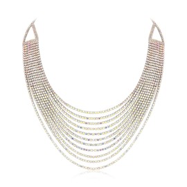 Ever Faith Multi Layered Chunky Collar Necklace, Glitter Iridescent Rhinestone Waterfall Multi-Strand Chains Statement Bib Necklace Costume Jewelry Silver-Tone