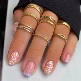White Flower Press on Nails Nude Fake Nails with Design Purple French Tip Glue on Nails Short Square False Nails Artificial Acrylic Nail Full Cover Stick on Nails for Women Spring Manicure 24Pcs