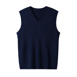 ZHILI Men's Knitted Vest Pulunder Sleeveless Cable Knit V-Neck Wool Blend, darkblue