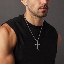 HZMAN Cross Necklace for Men Stainless Steel Bible Verse Philippians 4:13 I CAN DO ALL THINGS Wrench Cross Pendant Necklace (Silver)