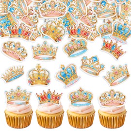 40PCS Edible Prince Princess Crown Cupcake Toppers Edible King Queen Crowns Cupcake Picks for Crown Theme Baby Shower Bridal Shower Wedding Princess Girls Prince Boys Birthday Party Decorations