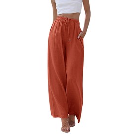 UMIPUBO Womens Linen Pants High Waisted Wide Leg Trousers Summer Palazzo Casual Pant Flowy Drawstring Beach Pants(Brick Red,L)