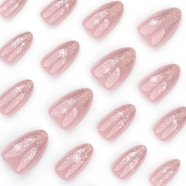 Short Press on Nails Almond Fake Nails with Star Glitter Designs Glue on Nails Light Pink Full Cover Nails Press ons Glossy False Nails Cute Artificial Stick on Nails for Women Girls 24Pcs