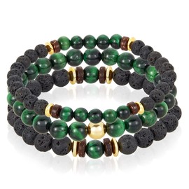 West Coast Jewelry Men's Green Tiger Eye Stone with Gold Plated Hematite, Lava and Wood Beaded Stretch Bracelet Set of 3