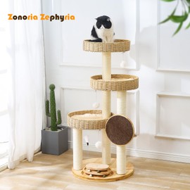 Cat Tree for Indoor Cats Large Adult/Modern Cat Tower with Scratching Post/3 Hand-Woven Multilevel Cat Condo with Toys and Scratching Pad for Large Cats/Durable Cat Tree Tower for Indoor Cats