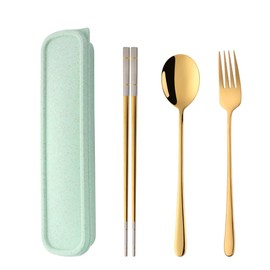 SBOMHS Stainless Steel Portable Travel 3-Piece Cutlery Set with Case Fork Spoon Chopsticks for 1 Camping Flatware for School Picnic Utensils Set Gold