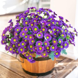 Artificial Daisy Fake Flowers Plants for Outdoors Decoration, 6 Bundles Faux Daisy Bouquet, Purple Silk Flowers for Outside Fake Mums for Planter Front Door Porch Urn Patio Balcony Garden Yard Home