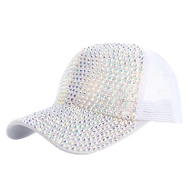 IXITON Summer Bling Shiny Rhinestones Visor Cap mesh Breathable hat Sparkle Adjustable Baseball Cap(White-Cap&Colorful-Rhinestones)