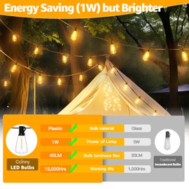 Ccinny 45FT 27 ST38 LED Outdoor String Lights Waterproof,Dimmable Patio Lights for Outside, Shatterproof Edison Bulbs (2 Spare) Hanging Lights 2200K for Wedding,Party