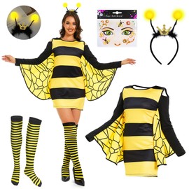 JONRRYIN Bee Costume Women's Bee Costume Adults, Striped Stockings, Stickers, Headband Bee, Cosplay Bee Costume Dress for Adults, Fancy Dress, Theme Party (XXL)
