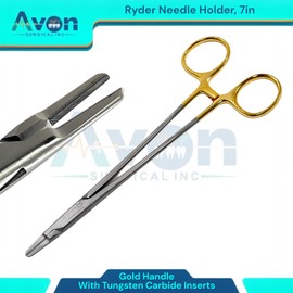 Ryder Needle Driver with Tungsten Carbide Tip Inserts & Gold Handles, 7in + 8in (Set of 2), Autoclave Safe German Stainless Steel