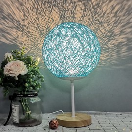 Desk Lamp Bamboo Wood USB Charging Rattan Ball Shape LED Night Light for Dormitory Bedroom Sky Blue 7.9in