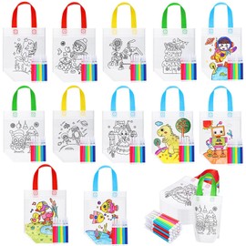 Felly Kids' Party Favours, 12Pcs DIY Graffiti Bags and 12 * 6 Watercolor Pens, Color Your Own Tote Bag, Eco Reusable for School Birthday Christmas Gifts Party Children Boys Girls