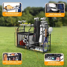 PLKOW Sports Equipment Organizer Garage Storage, Garage Ball Rack, 2 Golf Bag Storage and Sports Gear Organizer for Garage