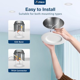 Amico 4 Pack 5/6 inch 5CCT LED Recessed Lighting, Dimmable, 12.5W=100W, 950LM, 2700K/3000K/4000K/5000K/6000K Selectable, Retrofit Can Lights with Baffle Trim, IC Rated - ETL & FCC, White