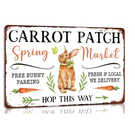Carrot Patch Spring Market Metal Tin Sign Retro Vintage Easter Sign for Home Cafes Easter Farmhouse Wall Decor Bunny Rabbit Plaque Spring Decor 8x12 Inch