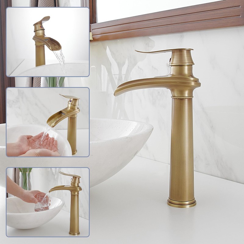 BWE Antique Brass Bathroom Vessel Sink Faucet Waterfall Spout Single