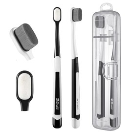Cepillo de dientes suave para encías sensibles, nuevo japonés 20.000 micro finas cerdas nano cepillo de dientes para adultos, embarazadas y ancianos, embalado en estuche portátil, color blanco y negro paquete de 2