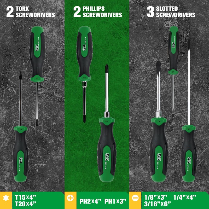 SK 7-Piece Magnetic Screwdriver Set, Includes Slotted/Phillip/Star Screwdrivers, S2 Steel,