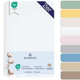 BARBONS Fitted sheets for baby cot, 60 x 120 cm / 70 x 140 - 100% jersey cotton, Oeko-Tex Standard 100 certified bed sheet for baby cot, white, 60 x 120/70 x 140 cm, pack of 2