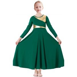 ORIDOOR Girls Praise Dance Dress Metallic Gold Liturgical Worship Church Robe Full Length Swing Lyrical Costume,Dark Green,Tag130,7-8Years