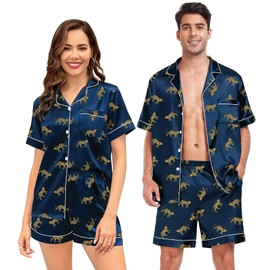 SWOMOG Couple Matching Pajamas Sets Women & Men Button Down Silk Pjs Short Sleeve Soft Lounge Sets 2 Pcs Loungewear