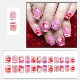 24 Pcs Press on Nails Short Square - ZIFANHU Pink Nail Tips Acrylic Nail Kit Fake Nails Press ons French Tip Glue on Nails Full Cover Nail Art Red Lips Heart False Nails for Women