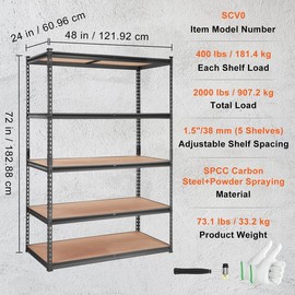 VEVOR Storage Shelving Unit, 5-Tier Adjustable, 2000 lbs Capacity, Heavy Duty Garage Shelves Metal Organizer Utility Rack, Black, 30" L x 12" W x 60" H for Kitchen Pantry Basement Bathroom - Size: 24"D x 48"W x 72"H
