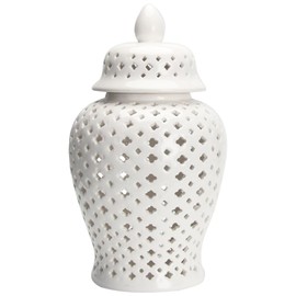Luxshiny Lattice Ginger Jar, Display Hollow Vase Temple Jar with Intricate Mediterranean Inspired Work Flower Vase Living Room and Kitchen Decor - 8.26” (White)