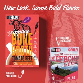 LonoLife Tomato Beef Bone Broth Powder Mix | Grass-Fed, 10g Protein | Collagen-Rich, Keto & Paleo Friendly | Natural Ingredients | 10 Portable Stick Pack Servings