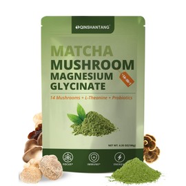 QIN SHAN TANG Mushroom Matcha Powder, 14 Mushroom Supplement, Magnesium Glycinate, L-Theanine, Probiotics | Focus & Immunity Support | Vegan, Gluten-Free, 6.35 Oz