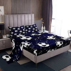Football Sheet Set for Girls Boys Kids Soccer Ball Sports Theme Bedding Set Football Ball Pattern Room Decorative Bed Sheets Dark Blue Bed Sheet Set with Deep Pocket Fitted Sheet Twin Size 3Pcs