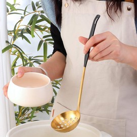 Buyer Star 2 Pcs Soup Ladle Colander, Gold Black Cookware Serving Long Handle Steel Slotted Spoon Cooking Utensil Set for Hotpot