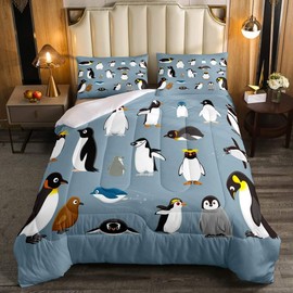 Erosebridal Penguins Bedding Set for Boys Young,Antarctica Animals Wildlife Comforter Set for Kids Man,Cartoon Little Penguins Quilted Duvet,Cute Wild Safari Theme Bedroom Decor Full Size