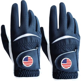 FINGER TEN Golf Gloves Men Left Handed Golfer 2 Pack Right Hand with Ball Marker Leather Premium Weathersof Grip Soft Mens Golf Glove (Blue,Small,Worn on Right Hand)