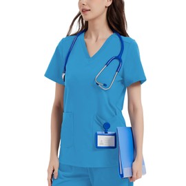 QBK Yoga Scrub Top for Women V Neck Shirt with 2 Pockets, Comfort Soft Stretch, Easy Care (S,Ceil Blue)