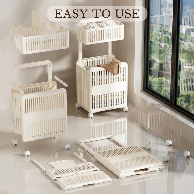 Leinuosen Foldable 2-tier Plastic Laundry Basket with Wheels and Handle