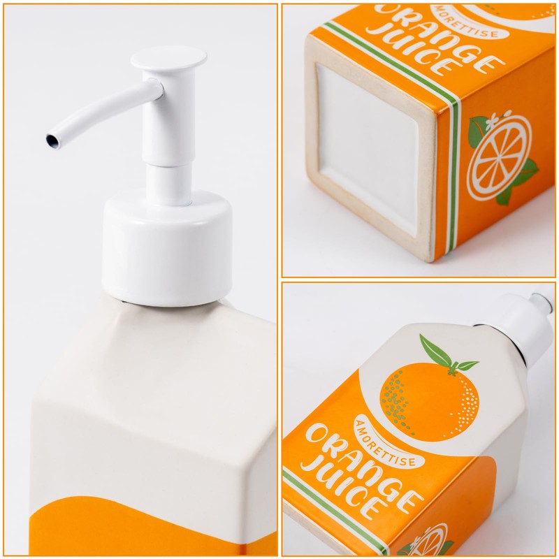 Amorettise Ceramic Orange Juice Bottle Soap Dispenser, Refillable Lotion Pump