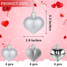 Yuronam 12 PCS Heart Ornaments 3 Different Finishes Heart Shaped Hanging Ornaments for Valentine's Day Wedding Christmas Tree Mother's Day Anniversary Party Decoration (Silver)